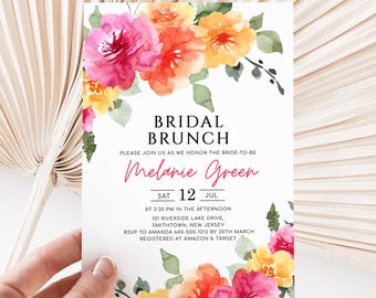 SARAI Peach Pink Yellow Floral Bridal Shower Invitation Template, Colorful Spring Summer Floral Bridal Shower Invites, Digital