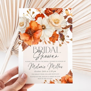 Bright Orange Fall Floral Bridal Shower Invitation Template, Terracotta Flowers Bridal Shower Invites, Pumpkin, Digital, ALBA
