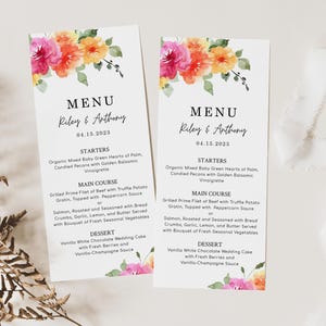 Szablon menu SARAI w kolorze pomarańczowo-różowym, wiosenne kwiatowe kolorowe menu, menu na przyjęcie weselne, dekoracja stołu, cyfrowa karta menu