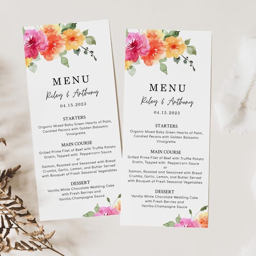 Modèle de menu orange rose SARAI, menu floral printanier coloré, menu de dîner de mariage, décoration de table, carte de menu numérique