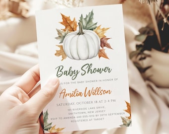 Autumn Leaf PUMPKIN Baby Shower Invitation Template, Printable, Fall Colors, INSTANT DOWNLOAD
