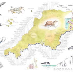 Mappa delle spiagge del Devon e della Cornovaglia stampata