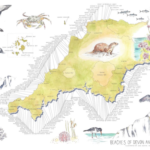 Devon and Cornwall beach map print