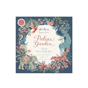 May include: Square paper pack with a floral and animal design. The text "Palace Garden" is in the center, surrounded by illustrations of birds, a peacock, an elephant, and a tiger. The paper measures 12 x 12 inches.
