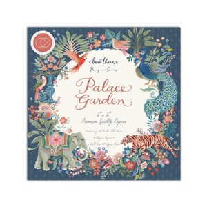 May include: Square paper pack with a floral and animal design. The words "Palace Garden" are in the center. The design includes a peacock, elephant, tiger, and birds. The paper is 6 x 6 inches.