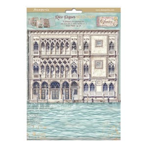 May include: A sheet of rice paper featuring a detailed watercolor illustration of a Venetian building. The paper includes the text "Rice Paper Selection" and "Venice City of Art". The building is depicted with arched windows and is reflected in the water.