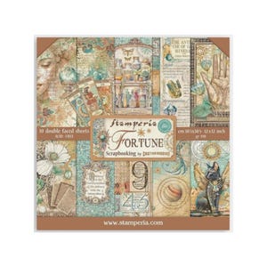 May include: A scrapbook paper pad with a vintage aesthetic. The "Fortune" pad features various designs, including botanical illustrations, tarot cards, and celestial elements. The pad measures 12x12 inches and includes 10 double-faced sheets.