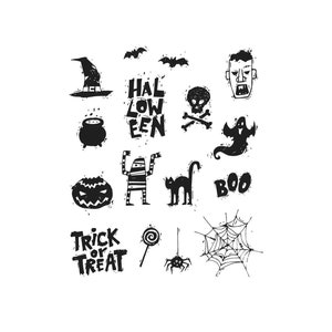 May include: Black and white Halloween themed illustrations including a witch's hat, cauldron, ghost, spider, spider web, candy, pumpkin, cat, monster, skull and crossbones, vampire, and the words "HALLOWEEN", "BOO", and "TRICK OR TREAT".