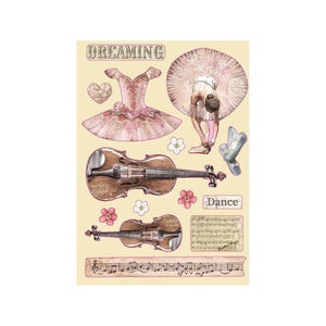 May include: A collage featuring ballet and music elements. It includes a pink tutu, a ballerina, two violins, sheet music, and the words "Dreaming" and "Dance". The color palette is soft, with pinks, browns, and creams.