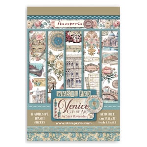 May include: A washi pad featuring a collage of Venetian imagery, including a mask, buildings, and floral elements. The pad is labeled "Venice City of Art" and measures 5.8 x 8.3 inches. The design includes the Stamperia logo and the text "8 Adhesive Washi Sheets."