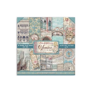 May include: A square scrapbook paper pad featuring a Venice theme with images of bridges, buildings, and masks. The pad includes 10 double-faced sheets, measuring 8 x 8 inches (20.3 x 20.3 cm). The design incorporates teal, beige, and cream colors.