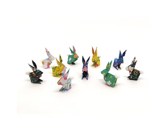 Set mit 10 kleinen Origami-Hasen mit Pompons – Glücksbringer-Tischkarten, Geburtsgeschenk