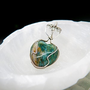 Love yo&#39;self / Wire Wrapped Woven Sterling Silver Heart Pendant / Jade Heart Shaped Pendant / Silver Necklace