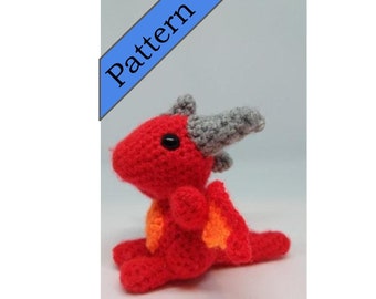 Sitting dragon crochet pattern / amigurumi / kawaii / reptile / lizard / dinosaur / red / soft / beginner / wyvern / orange / grey / cute