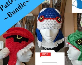 Crochet Legendary Pokemon hat PATTERN bundle, weather trio Rayquaza, Groudon, Kyogre, adult female hat, male hat, PDF, Pokémon beanie unisex