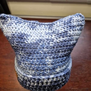 Crochet cat ear beanie, sack hat, winter warmer, cute gift for her, gift for him, unisex hat, crochet hat, blue, grey, handmade tag, gift