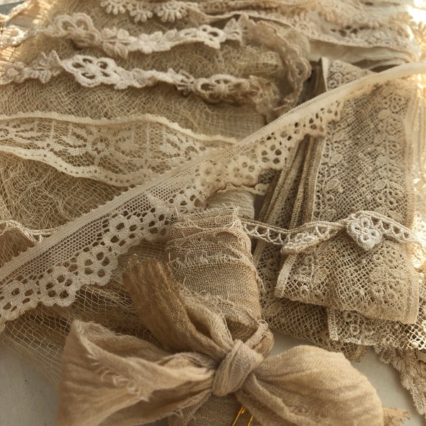 Tea stained lace trim cheesecloth ribbon