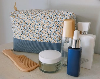 Très grande trousse de toilette  / maquillage petites fleurs bleu