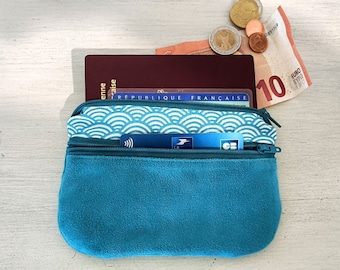 Women's coin purse / card holder, cotton fabric and turquoise blue suede