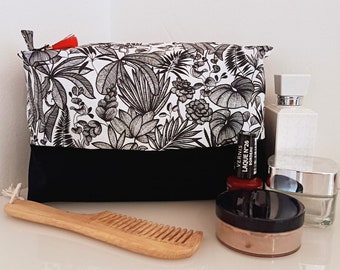 Very large black foliage and cotton velvet toiletry bag