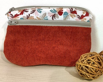 Women's coin purse / card holder, foliage fabric and terracotta velvet