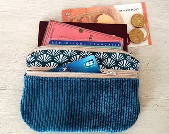 Women's coin purse / card holder, petrol blue fabric and velvet