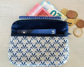 Porte monnaie /  porte cartes femme, tissu , bleu marine et doré