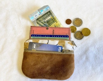 Women's coin purse / card holder, fabric, chamois suede