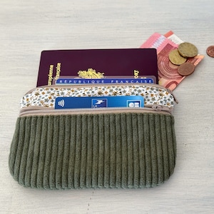 Porte monnaie /  porte cartes femme, grand modèle, tilleul tissu et velours côtelé, cadeau pour femme