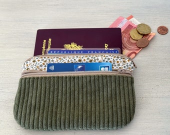 Women's coin purse / card holder, large model, lime fabric and velvet