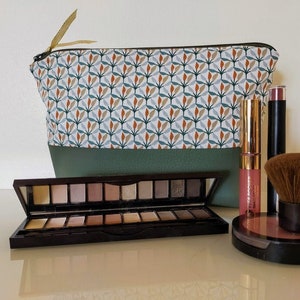 makeup bag / toiletry bag in foliage fabric and olive green imitation leather