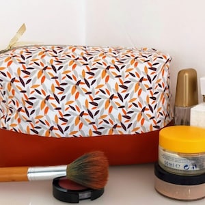 Très grande trousse de toilette / feuillage, orange rouille, velours côtelé, cadeau pour elle