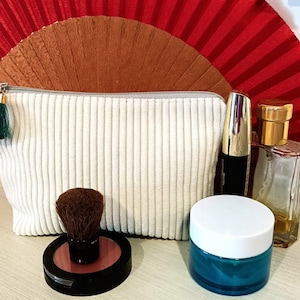 Trousse de maquillage / trousse de toilette femme velours grosses côtes écru naturel