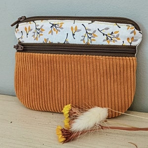 Porte monnaie, porte carte tissu feuillage et velours moutarde, cadeau maman, pour elle