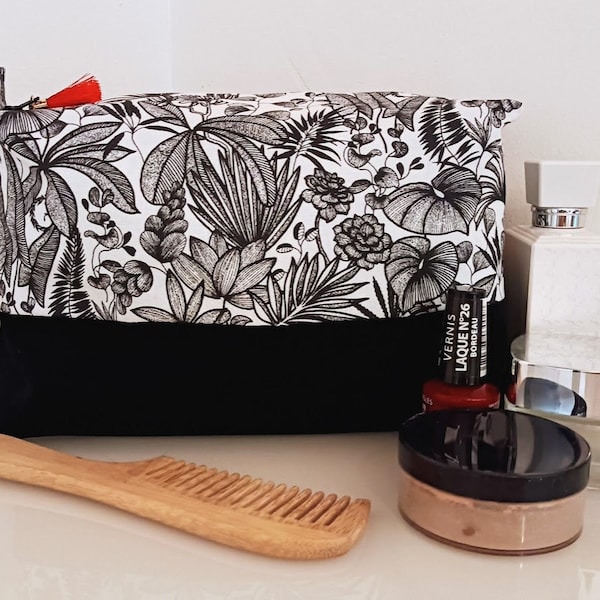 Très grande trousse de toilette feuillage noir et velours de coton