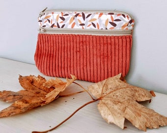 Porte monnaie / porte cartes feuilles pour femme tissu et velours côtelé, cadeau pour elle