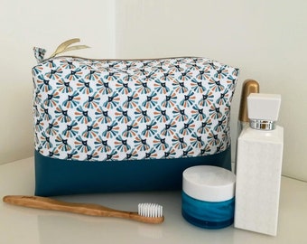 Très grande trousse de toilette , plume de paon bleu canard