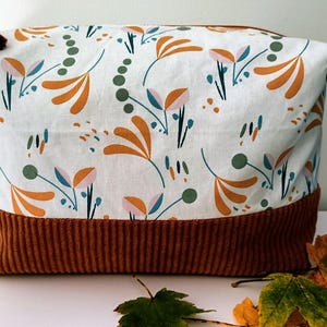 Très grande trousse de toilette, tissu coton et velours côtelé caramel, cadeau pour elle