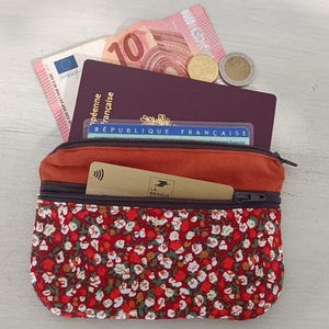 Porte monnaie /  porte cartes femme, tissu coton fleurettes rouille, terracotta, cadeau pour elle,