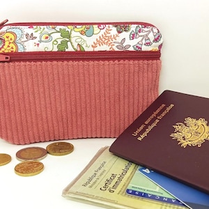 Porte monnaie /  porte cartes, tissu arabesques florales et velours côtelé vieux rose, cadeau pour femme