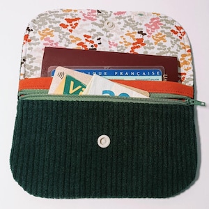 Monedero con solapa, cartera, tela de algodón, pana verde pino, regalo para ella.