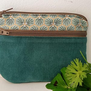 Porte monnaie /  porte cartes tissu coton et velours vert canard, cadeau pour elle ou lui