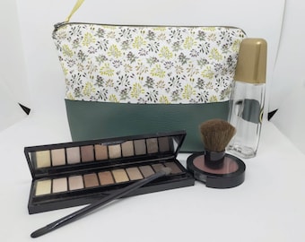 Trousse de toilette / maquillage herbier, simili cuir et tissu coton