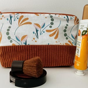 Trousse de toilette  / pochette à maquillage, tissu coton et velours côtelé caramel, cadeau pour elle