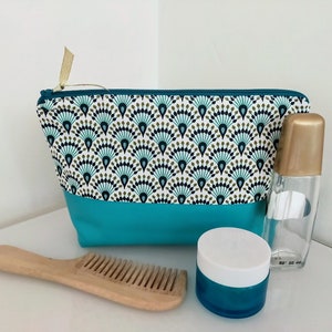 Trousse de toilette, maquillage tissu coton et simili cuir vert aqua, cadeau pour elle