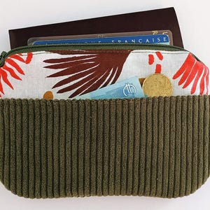 Porte monnaie /  porte cartes, tissu et velours côtelé vert kaki, cadeau pour femme