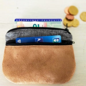porte monnaie / porte cartes tweed et suédine chamois