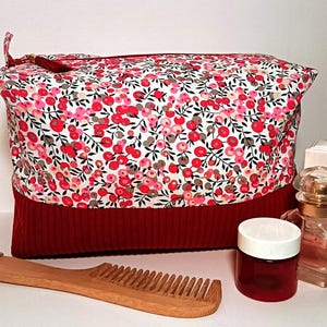 Très grande trousse de toilette tissu coton et velours côtelé, rouge bordeaux, cadeau pour femme