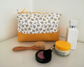 Très grande trousse de toilette / feuillage, jaune moutarde