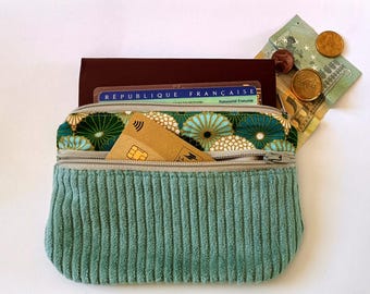 Portemonnee / kaarthouder, amandelgroene katoen en corduroy stof, cadeau voor vrouwen